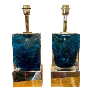 Modern Blue Murano Glass Block Lamps on Brass Base For Sale