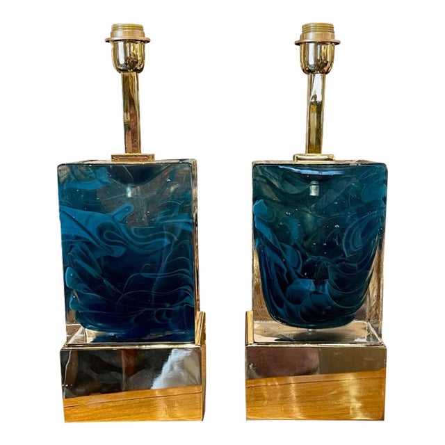 Modern Blue Murano Glass Block Lamps on Brass Base For Sale