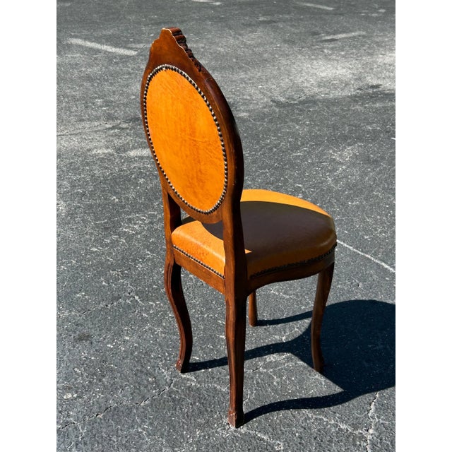 1970s Vintage Carved Italian Wood and Leather Vanity Chair For Sale - Image 4 of 5