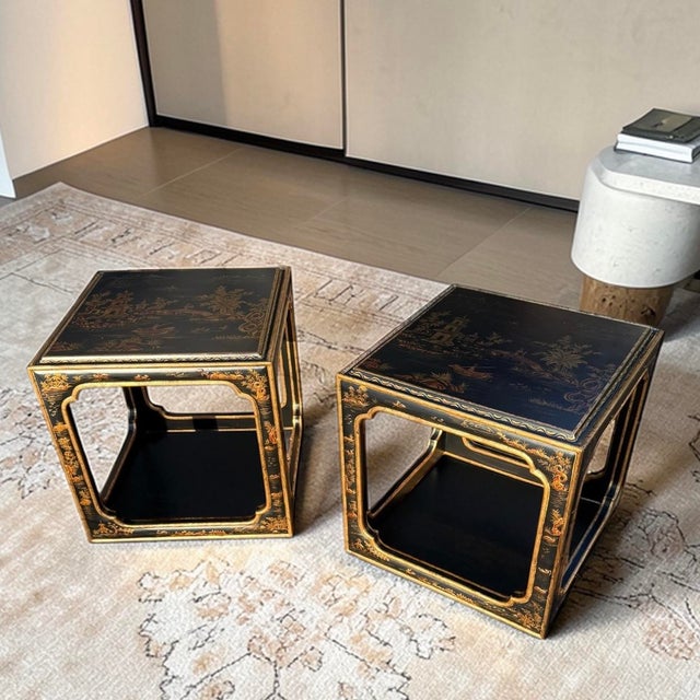 Gold Pair of Chinoiserie Square Open Cube Black Gold Side Tables For Sale - Image 8 of 12