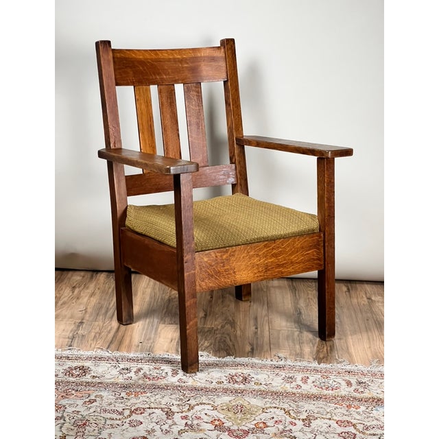 1920s Antique Quarter Sawn Mission Oak Arm Chair by Quaint Furniture C. 1920 For Sale - Image 5 of 10