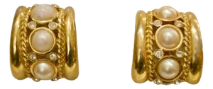 Givenchy 1980s Gorgeous Gold Plated Glass Pearl Clear Crystal Accents Earrings, 2 Pieces