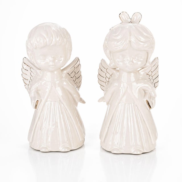 Vintage Porcelain Angel Figurines Pair Gold Trim Boy Girl Cherub Set of 2 For Sale - Image 4 of 8
