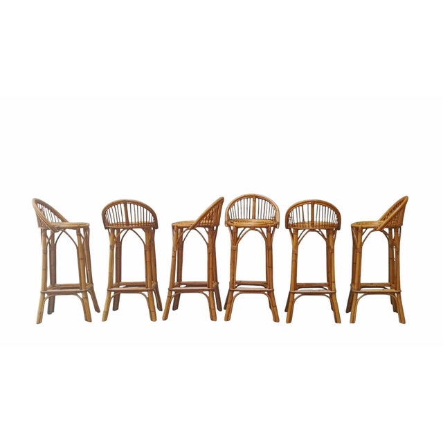 Mid-Century Modern Vintage Rattan and Bamboo Bar Stools by Franco Albini, Italy, 1960s, Set of 6 For Sale - Image 3 of 9