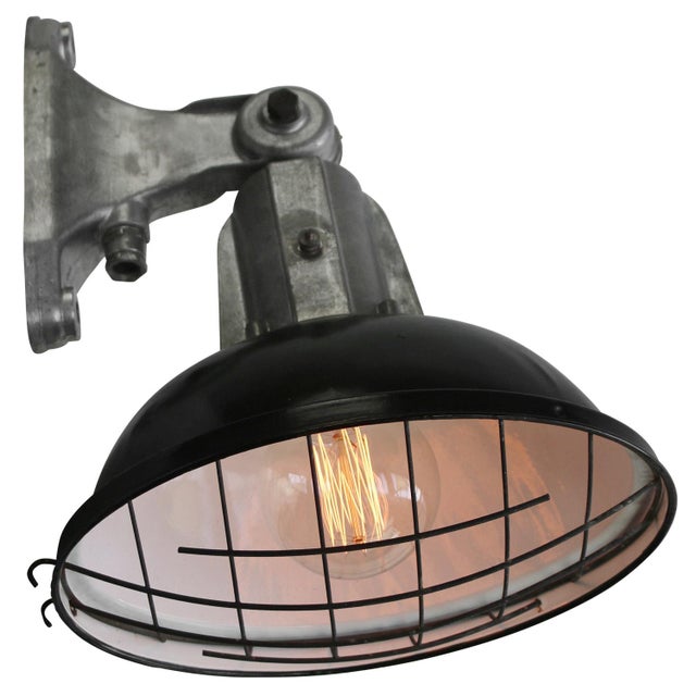 Vintage Industrial French Black Enamel Factory Wall Light For Sale - Image 5 of 8