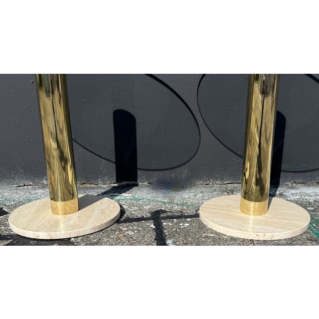 Mid-Century Modern Pair of Leon Rosen for Pace Collection Round Glass/Brass/Travertine Side Tables For Sale - Image 3 of 6