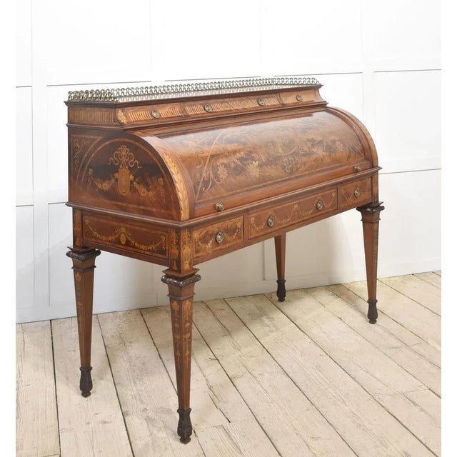 Sheraton Revival Marquetry Inlaid Cylinder Desk For Sale - Image 5 of 18