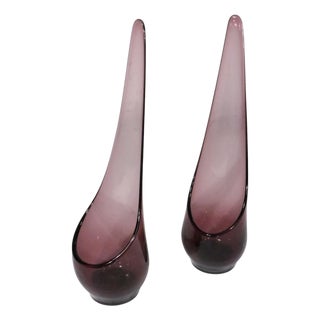 Pair of Mid 20th Century Purple Viking Glass Company Taperglow Glass Candlesticks For Sale