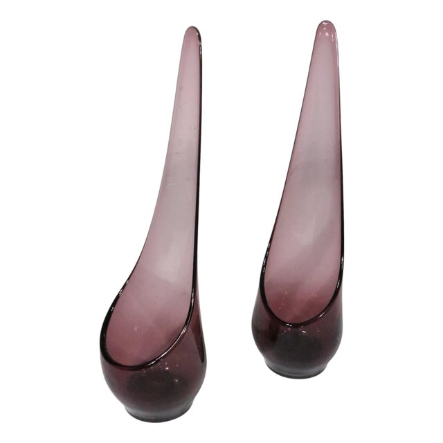 Pair of Mid 20th Century Purple Viking Glass Company Taperglow Glass Candlesticks For Sale