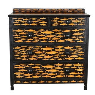 English Ebonized Fish Motif Decoupage Chest For Sale