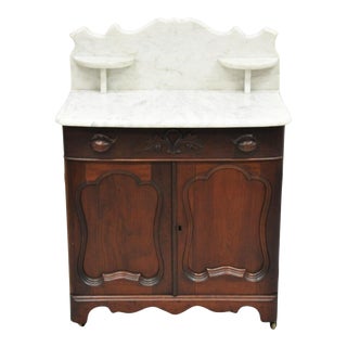 19th Century Antique Eastlake Victorian Marble Top Backsplash Walnut Washstand Commode For Sale