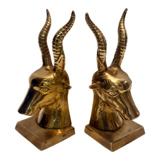 1970s Solid Brass Ibex Gazelle Bookends -a Pair - Styled After Karl Springer For Sale