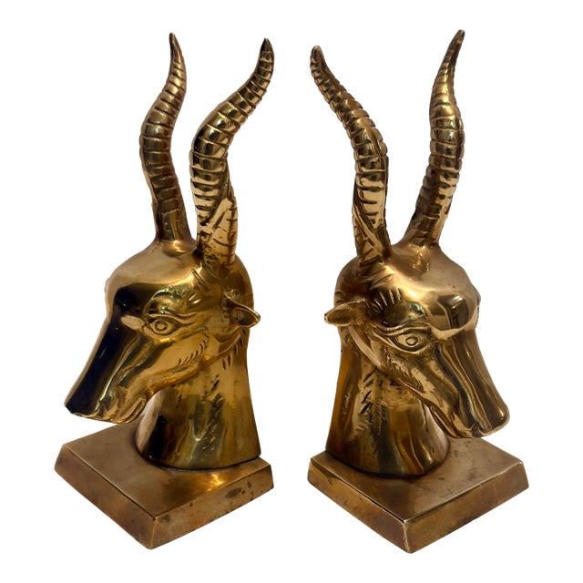 1970s Solid Brass Ibex Gazelle Bookends -a Pair - Styled After Karl Springer For Sale