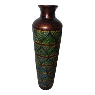 1980s Tall Decorative Ceramic Floor Vase Bronze Neck Textured Embossed Peacock-Feather and Geometric Pattern For Sale