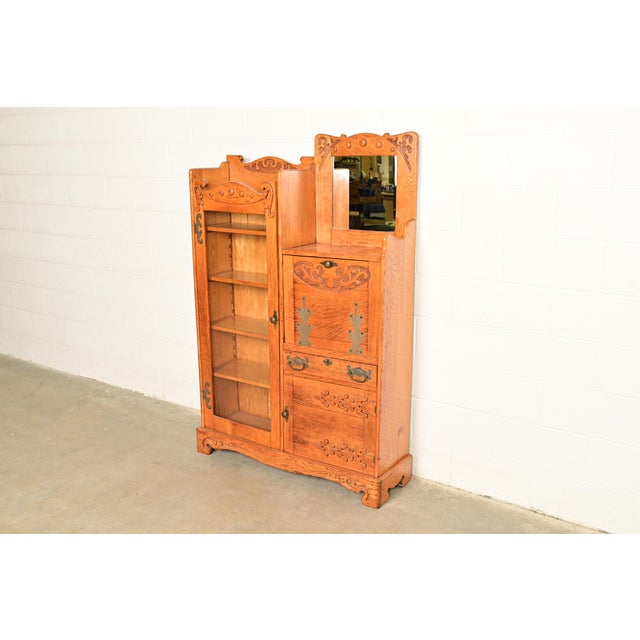 Victorian Antique Victorian Oak Side-by-Side Bookcase With Drop Front Secretary Desk, Circa 1900 For Sale - Image 3 of 14