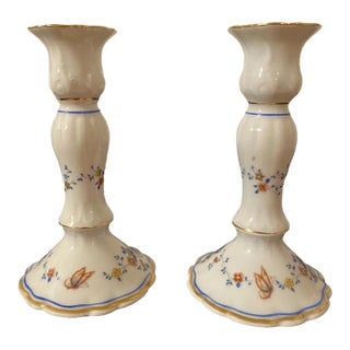 Vintage Porcelain Hand Painted Italian Candlesticks- Set of 2 For Sale