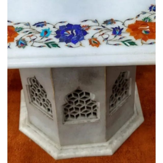 Indian Marble Inlaid Coffee Tabletop 24 Inches With Lattice Art Pedestal For Sale - Image 3 of 5