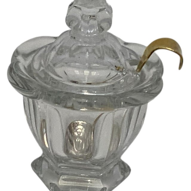 1960s Vintage Baccarat Harcourt Missouri Crystal Mustard Jam Condiment Jar With Gold-Plated Spoon France C. 1960-1980s For Sale - Image 5 of 7