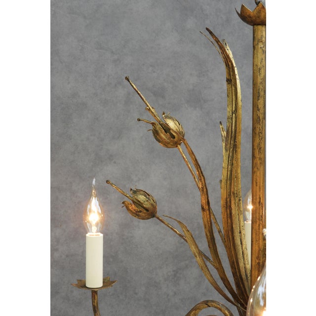 Mid-Century Spanish Gilt Tôle Botanical Six-Light Chandelier, 1950s For Sale - Image 4 of 10