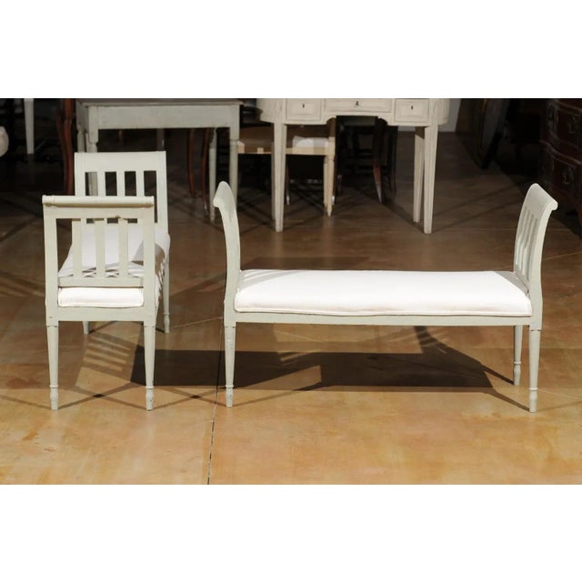 Italian 1890s Painted Wood Classical Bench with Scrolling Arms and Upholstery For Sale - Image 9 of 12