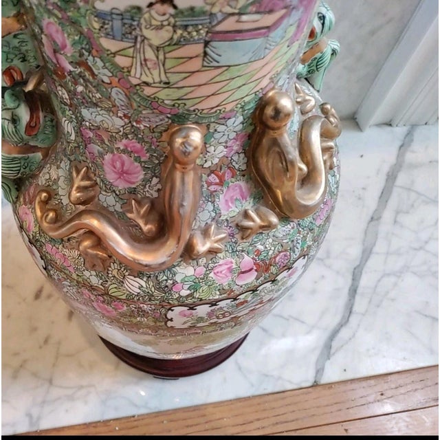 Antique Pair Qianlong Period Gold Gilt Chinese Enameled Hand Painted Signed 6 Character Mark Floor Vases For Sale - Image 4 of 5