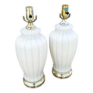 Hollywood Regency White Glass Scalloped Table Laps With Gold Accents - A Pair For Sale