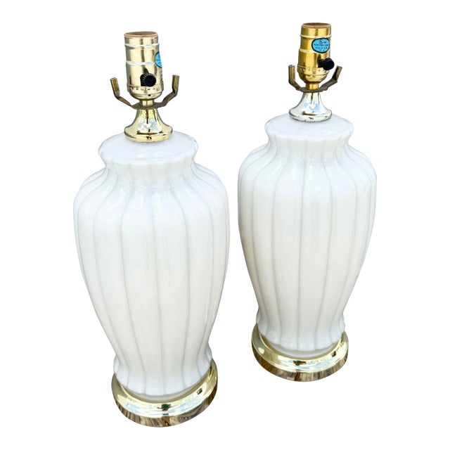 Hollywood Regency White Glass Scalloped Table Laps With Gold Accents - A Pair For Sale