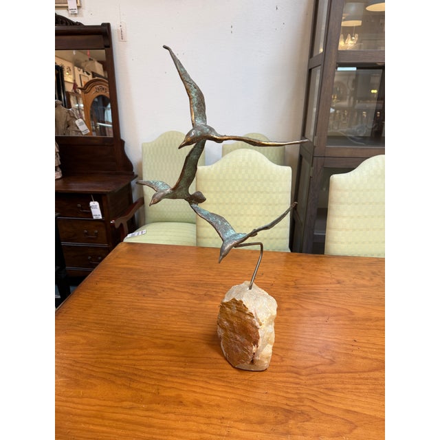 Mid-Century Modern Curtis Jere Style Birds in Flight Brass Sculpture on Onxy, Mid 20th Century For Sale - Image 3 of 12