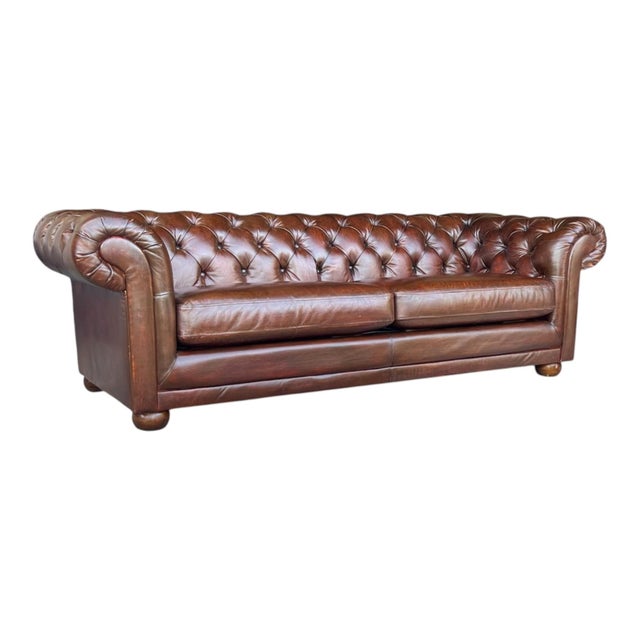 English Vintage Cognac Brown Leather Chesterfield Sofa | Deep Tufted English Club Couch For Sale - Image 3 of 14
