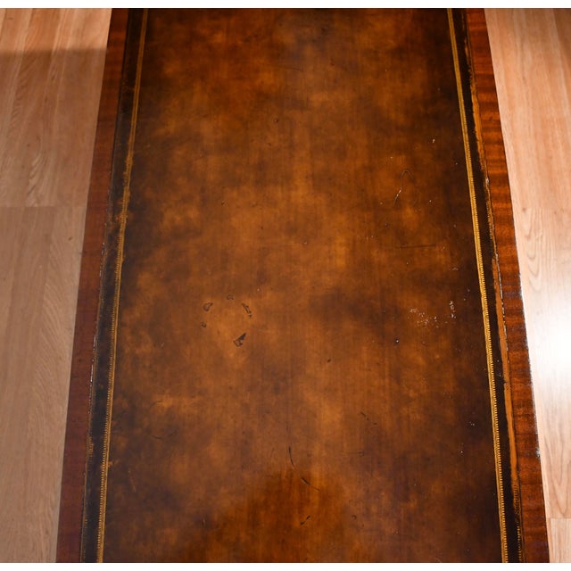 1930s Weiman English Regency Flame Mahogany Inlay Leather Top Drop Leaf Coffee Table For Sale - Image 15 of 18