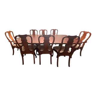 Saybolt Cleland Georgian Banded Mahogany Double Pedestal Extension Dining Table, With 8 Chairs and Leather Topper - Set of 9 For Sale