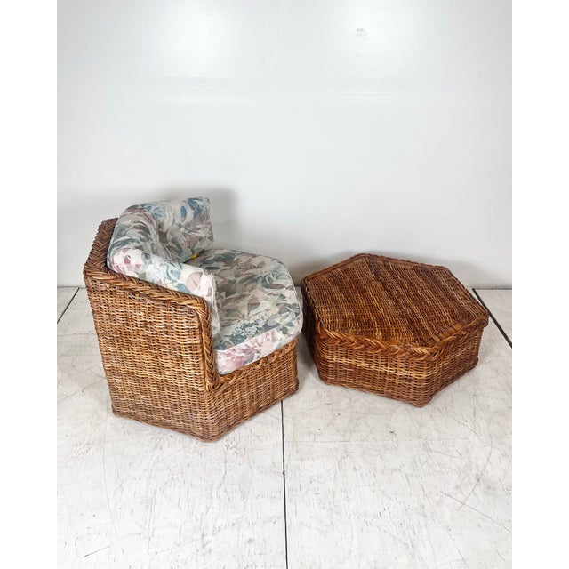Brown Jordan Vintage Braided Wicker Rattan Hexagonal Chair and Ottoman Set For Sale - Image 4 of 11