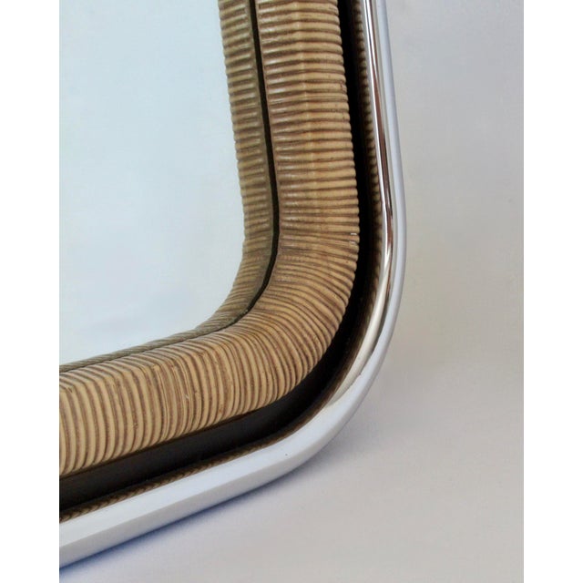 Boho Chic Tubular Chrome, Radius Rounded Wall Mirror With Wood, Chrome & Reeded Pencil Trim Wicker For Sale - Image 16 of 17