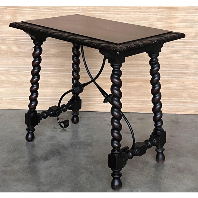 19th Spanish Side Table with Cared Turned Legs and Iron Stretcher For Sale - Image 4 of 18