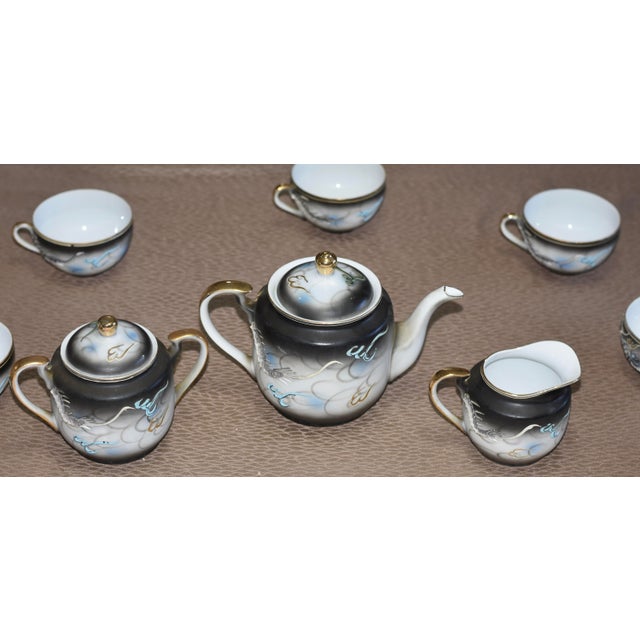 Ceramic Vintage Japanese Satsuma Moriage Dragonware Raised Blue Eye Dragon 17 Piece Tea Set For Sale - Image 7 of 12