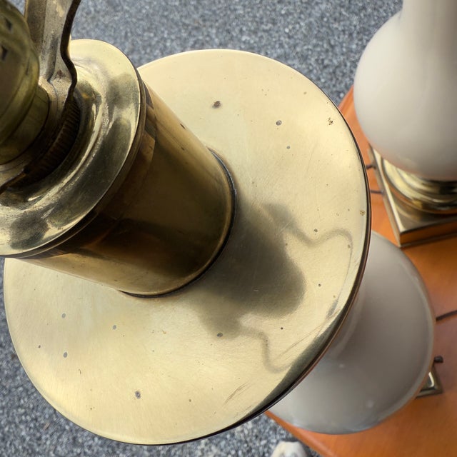 Vintage Stiffel Beige Porcelain and Brass Table Lamps - A Pair For Sale - Image 11 of 18