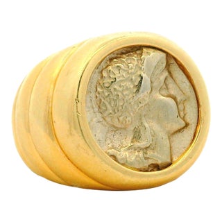 Vintage Italian 14k Gold Ancient Greek Coin Bombe Ring, Size 7 For Sale