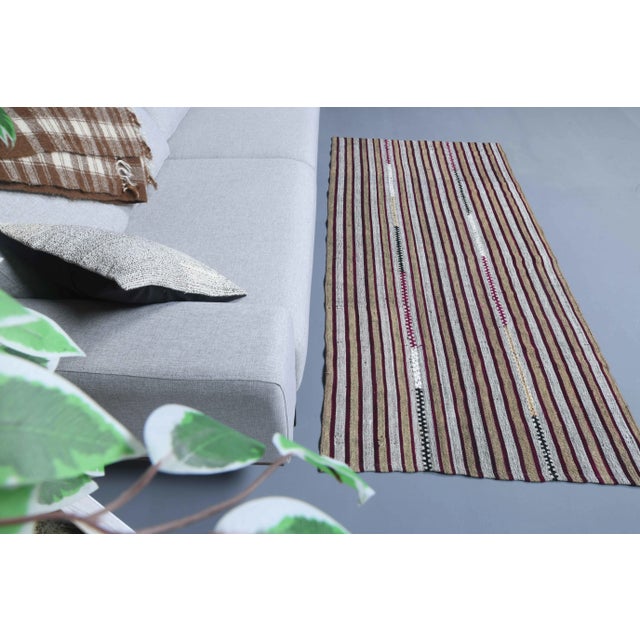 Boho Chic Vintage Turkish Hand-Knotted Wool Cotton White Kilim Runner Rug For Sale - Image 3 of 11