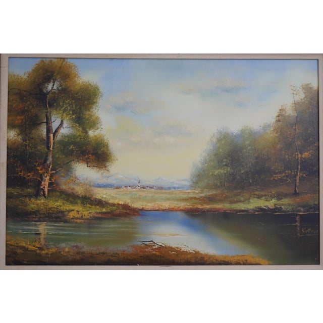 Lake & Town Framed Oil Painting on Canvas For Sale - Image 4 of 12