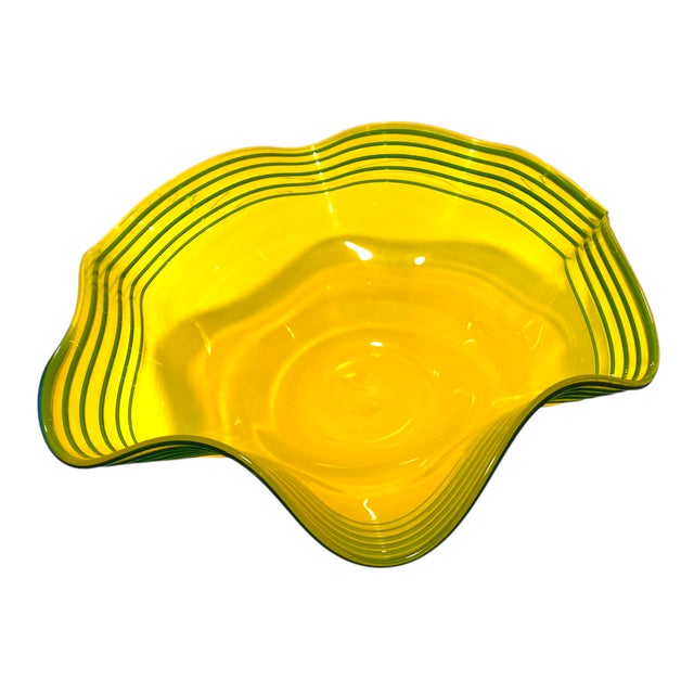 Blenko Centerpiece Bowl Large 16" Art Glass Yellow Green Threaded Large Signed Walter Blenko For Sale In San Francisco - Image 6 of 11