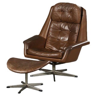 Vintage Danish Cognac Leather Lounge Chair & Stool by H. W. Klein For Sale