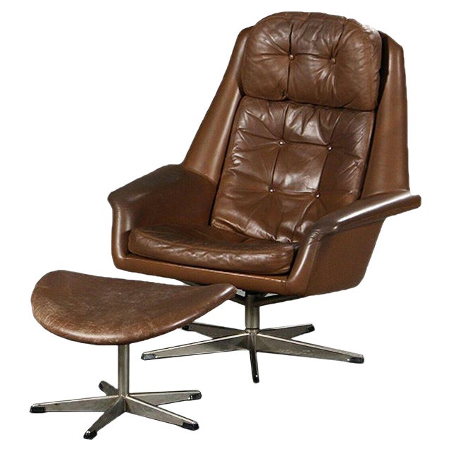 Vintage Danish Cognac Leather Lounge Chair & Stool by H. W. Klein For Sale