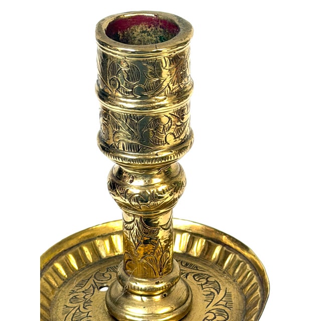 Large Dutch Baroque Engraved & Pierced Brass Chamber Candlestick Ventilated Base For Sale - Image 12 of 18