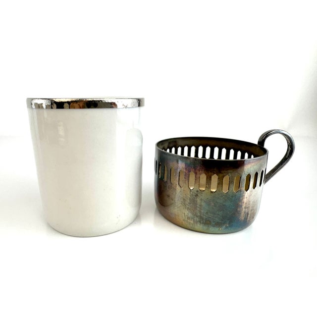 Vintage Silverplate & Porcelain Demitasse Set, Pierced Metal Holders, Modernist Espresso Service for Six For Sale - Image 9 of 10