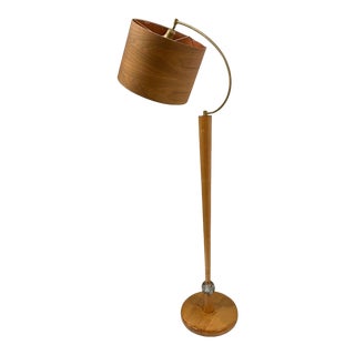 Mid-Century Sculpted Maple and Lucite Floor Lamp With Wood Shade For Sale