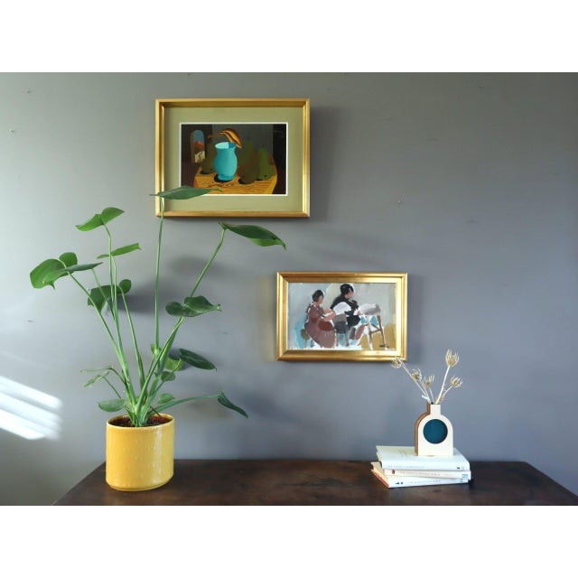 Mid-Century Modern 'The Craft of Two' Vintage Original Figurative Oil Painting, Framed For Sale - Image 10 of 12