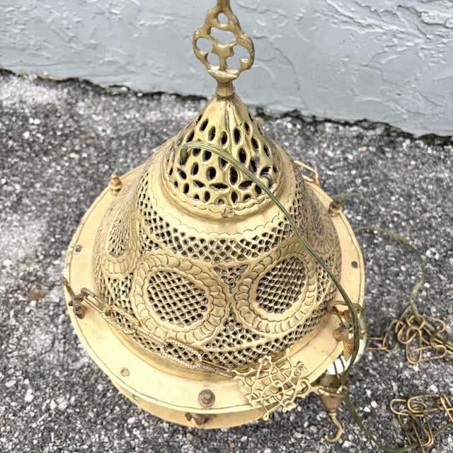 Vintage Moroccan Middle Eastern Style Brass Pendant Lamp For Sale - Image 10 of 11