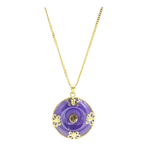 Late 20th Century Lavender Jade Disc and Butterfly Chinese 14k Yellow Gold Pendant Necklace