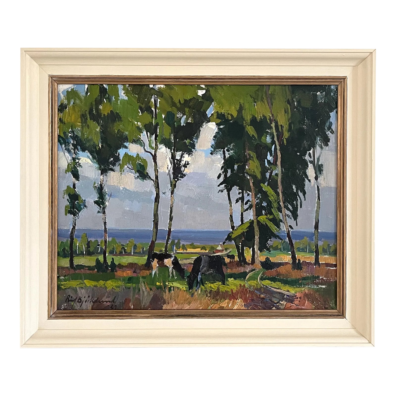 1920s Swedish Cows Grazing Landscape Oil Painting by Richard Björklund