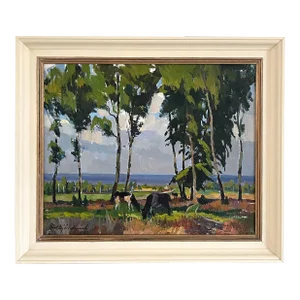 1920s Swedish Cows Grazing Landscape Oil Painting by Richard Björklund